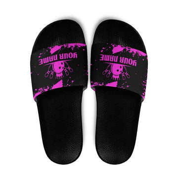 Pink Paint Splatter Design Slide Sandals with Bowling Graphic and Custom Team Name Text TS04
