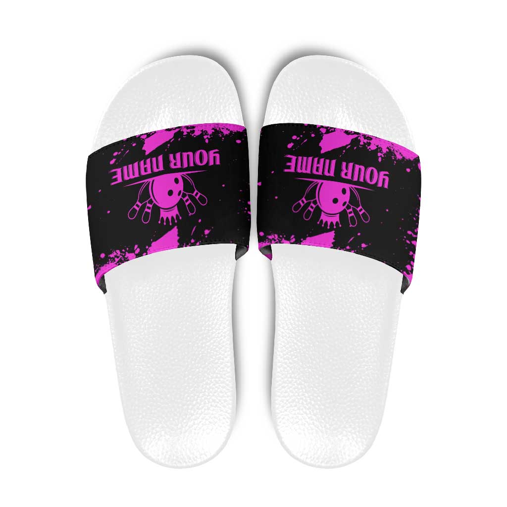 Pink Paint Splatter Design Slide Sandals with Bowling Graphic and Custom Team Name Text TS04