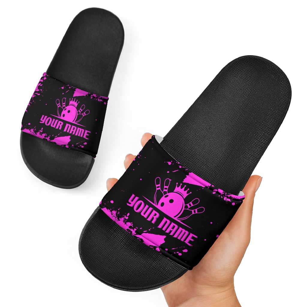 Pink Paint Splatter Design Slide Sandals with Bowling Graphic and Custom Team Name Text TS04