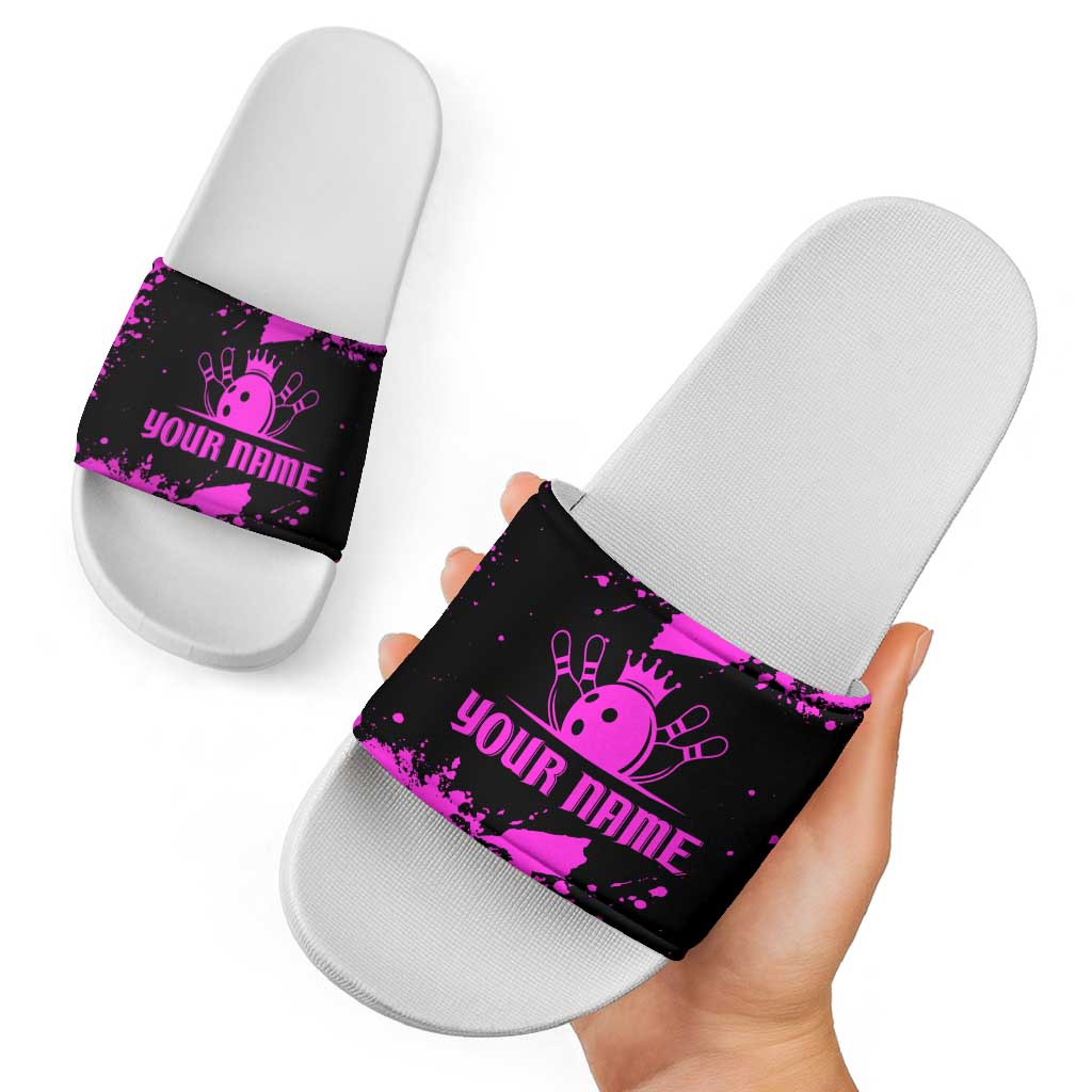 Pink Paint Splatter Design Slide Sandals with Bowling Graphic and Custom Team Name Text TS04