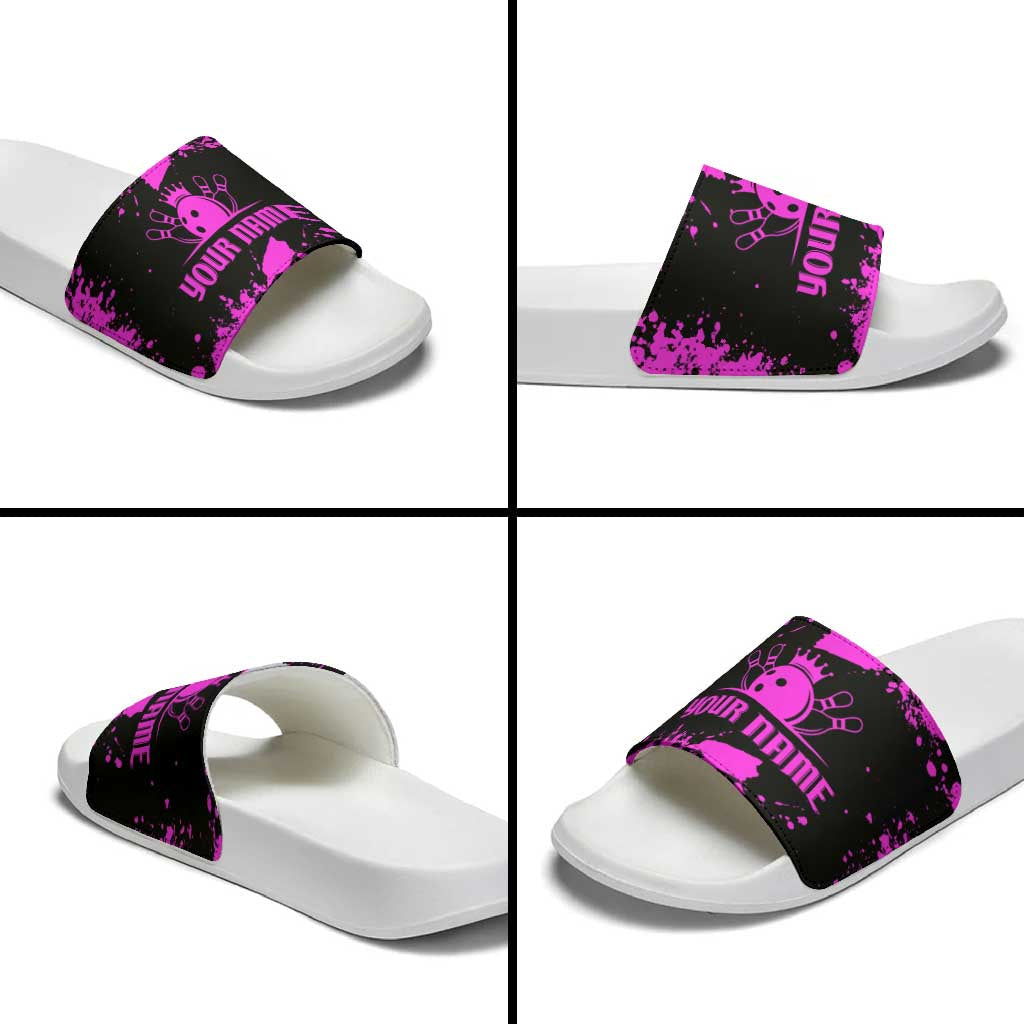 Pink Paint Splatter Design Slide Sandals with Bowling Graphic and Custom Team Name Text TS04