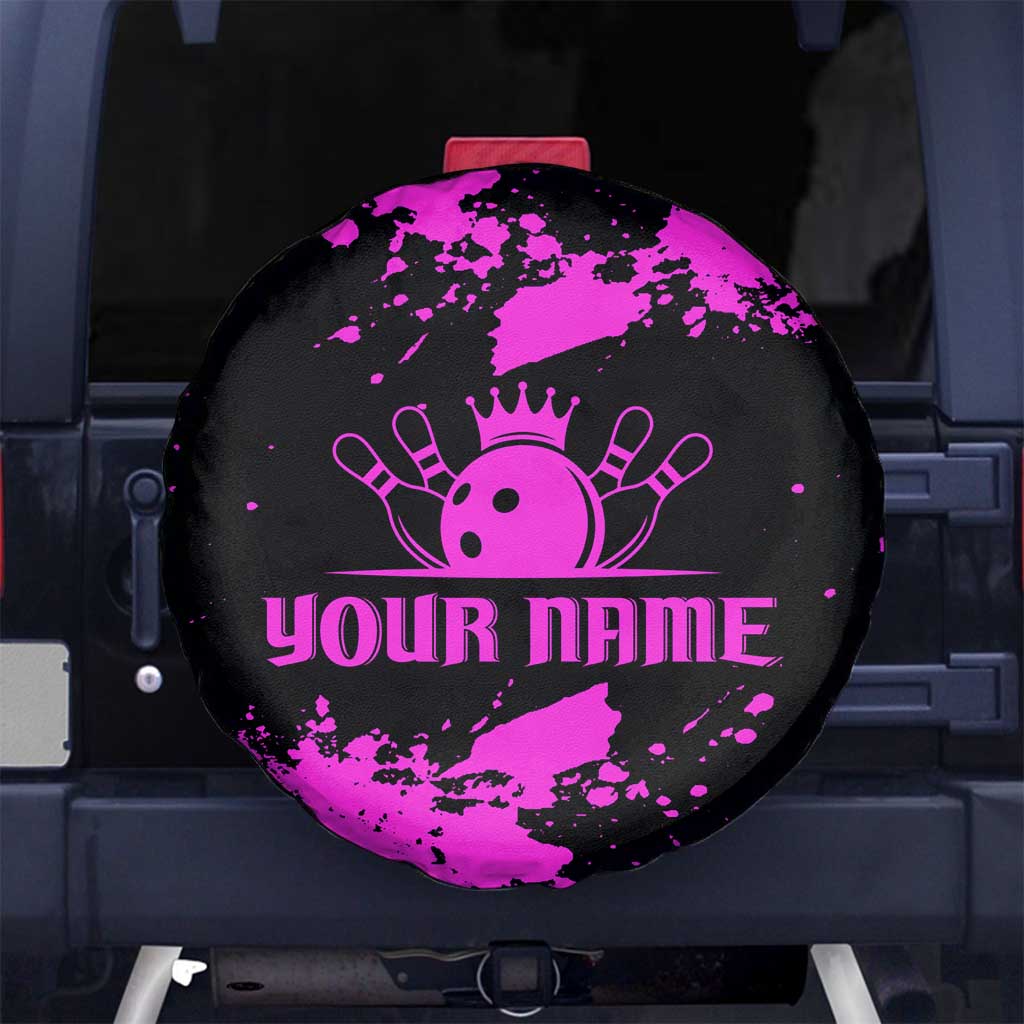 Pink Paint Splatter Design Spare Tire Cover with Bowling Graphic and Custom Team Name Text TS04