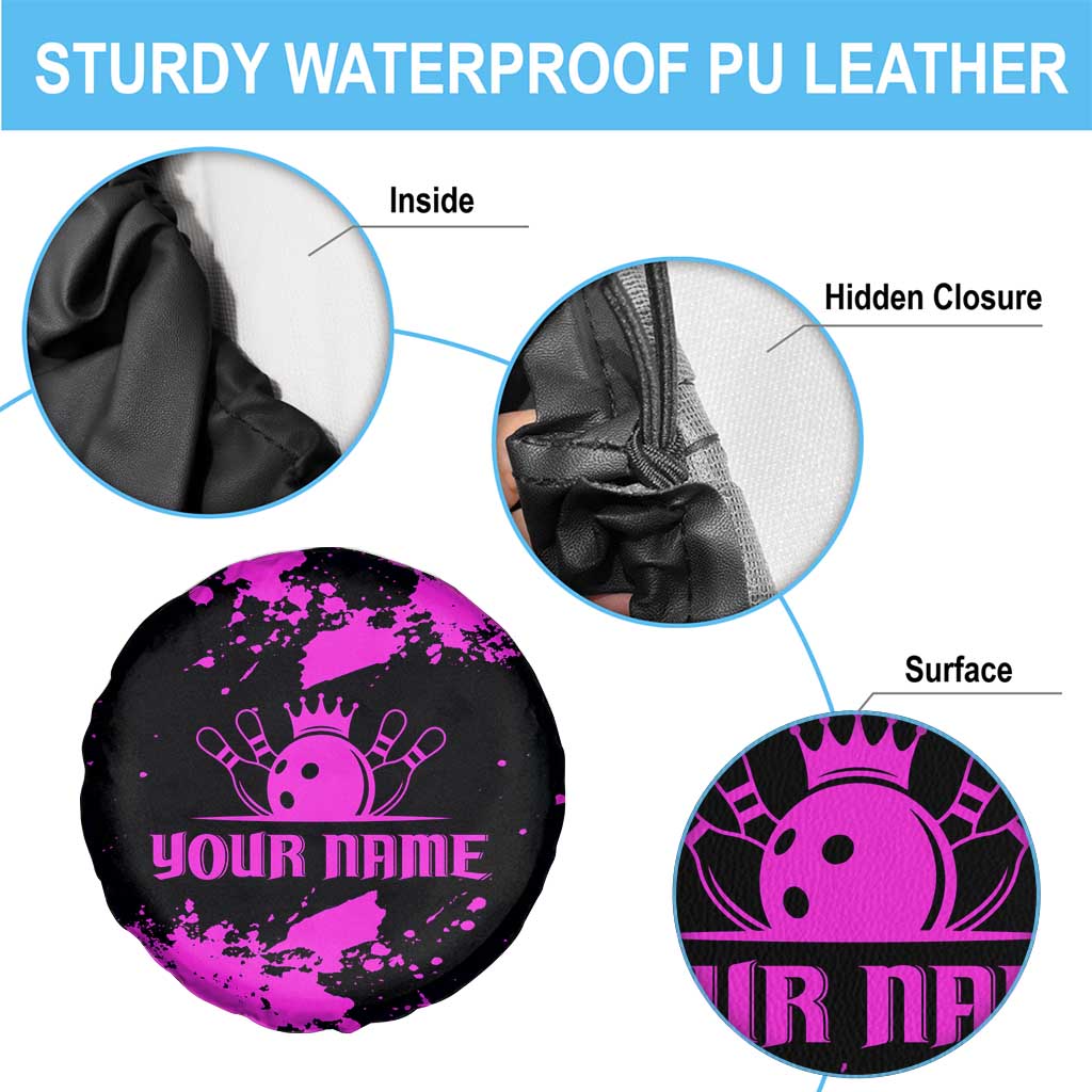 Pink Paint Splatter Design Spare Tire Cover with Bowling Graphic and Custom Team Name Text TS04
