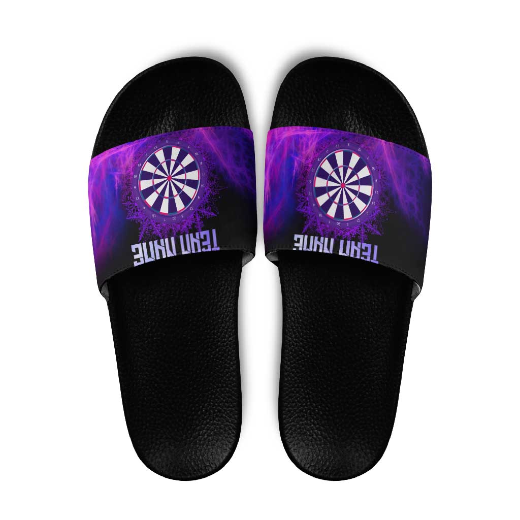 Dartboard and Darts Slide Sandals with Purple Smoke Background and Custom Team Name TS04
