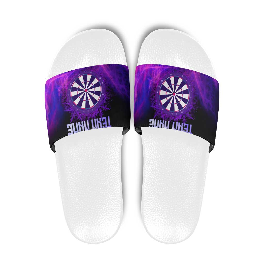 Dartboard and Darts Slide Sandals with Purple Smoke Background and Custom Team Name TS04