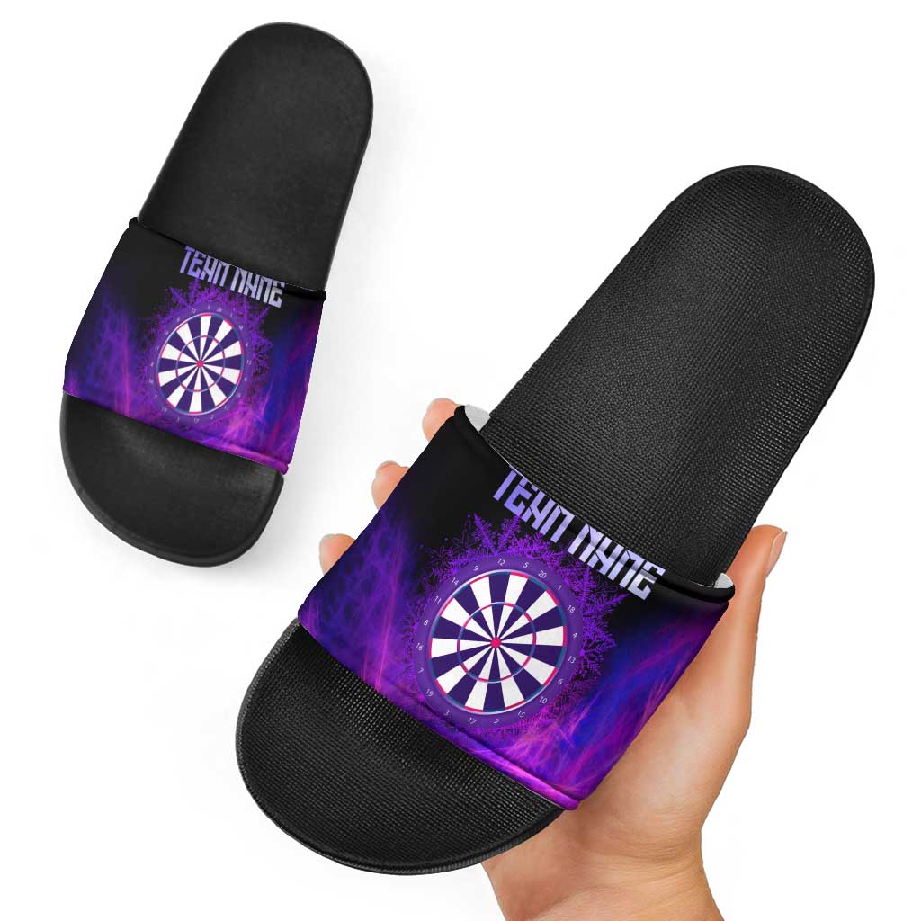 Dartboard and Darts Slide Sandals with Purple Smoke Background and Custom Team Name TS04