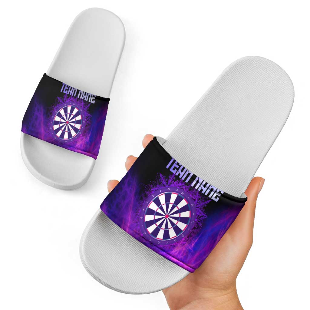 Dartboard and Darts Slide Sandals with Purple Smoke Background and Custom Team Name TS04