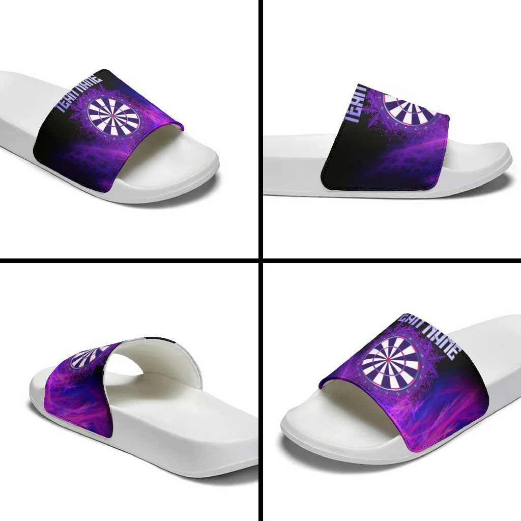 Dartboard and Darts Slide Sandals with Purple Smoke Background and Custom Team Name TS04