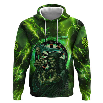 Grim Reaper and Dartboard Darts Hoodie with Green Lightning Background and Custom Team Name TS04