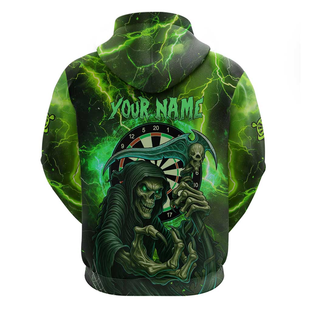 Grim Reaper and Dartboard Darts Hoodie with Green Lightning Background and Custom Team Name TS04