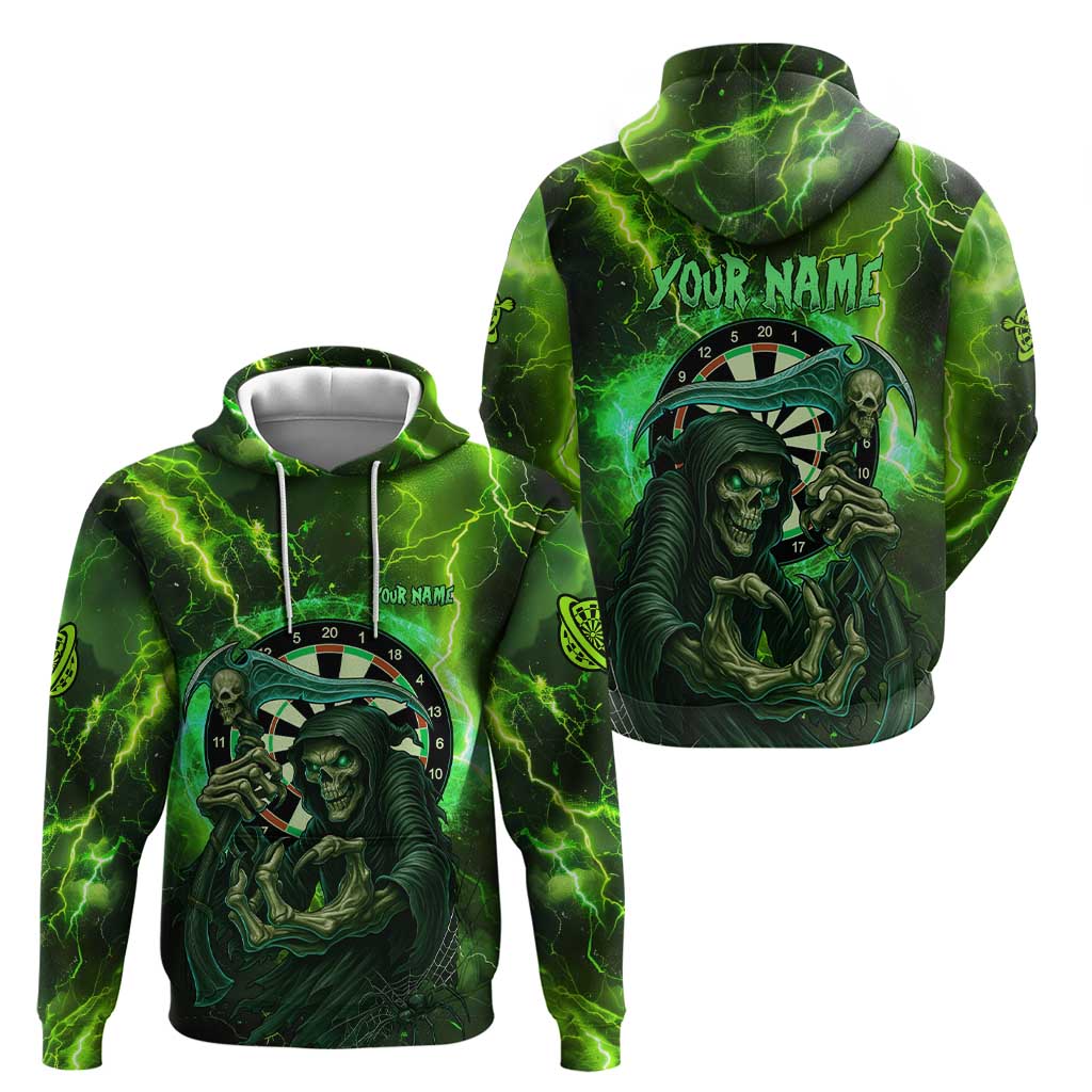 Grim Reaper and Dartboard Darts Hoodie with Green Lightning Background and Custom Team Name TS04