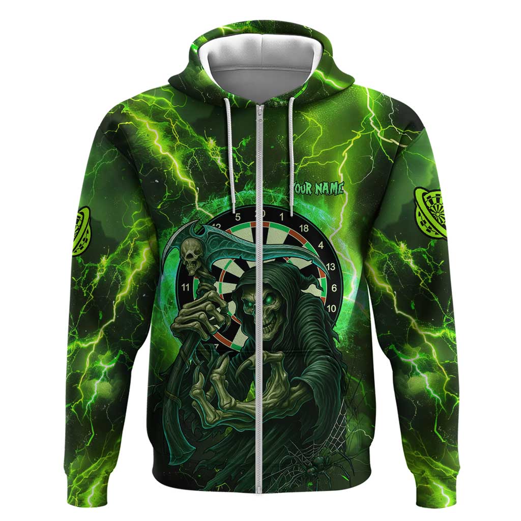 Grim Reaper and Dartboard Darts Hoodie with Green Lightning Background and Custom Team Name TS04