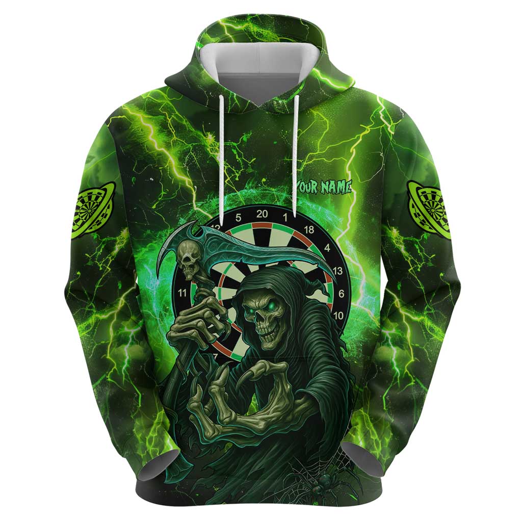 Grim Reaper and Dartboard Darts Hoodie with Green Lightning Background and Custom Team Name TS04