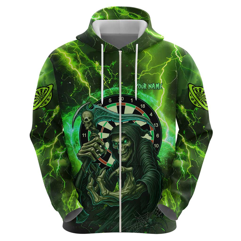 Grim Reaper and Dartboard Darts Hoodie with Green Lightning Background and Custom Team Name TS04