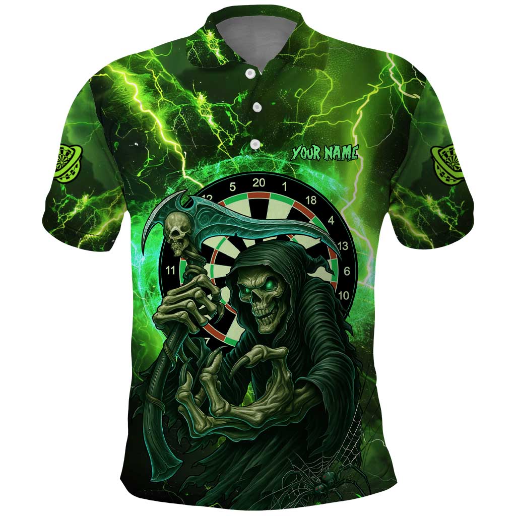 Grim Reaper and Dartboard Darts Polo Shirt with Green Lightning Background and Custom Team Name TS04