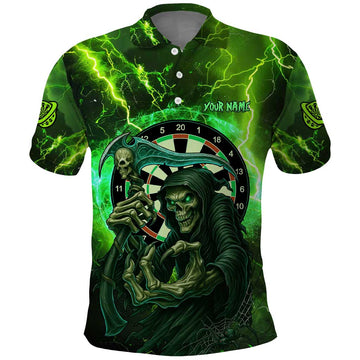 Grim Reaper and Dartboard Darts Polo Shirt with Green Lightning Background and Custom Team Name TS04