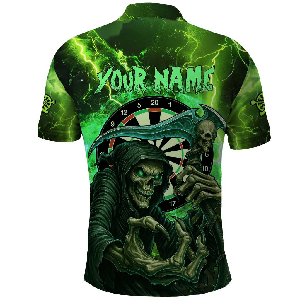 Grim Reaper and Dartboard Darts Polo Shirt with Green Lightning Background and Custom Team Name TS04