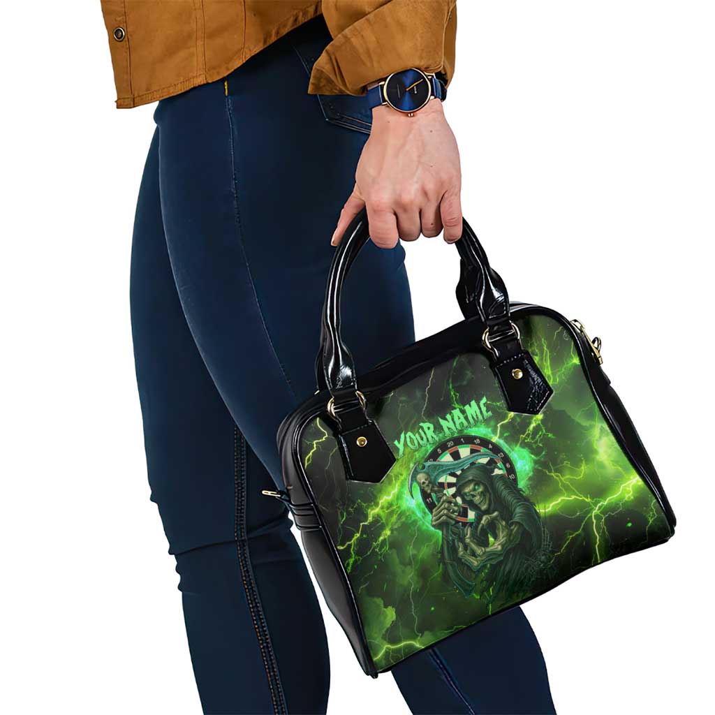 Grim Reaper and Dartboard Darts Shoulder Handbag with Green Lightning Background and Custom Team Name TS04