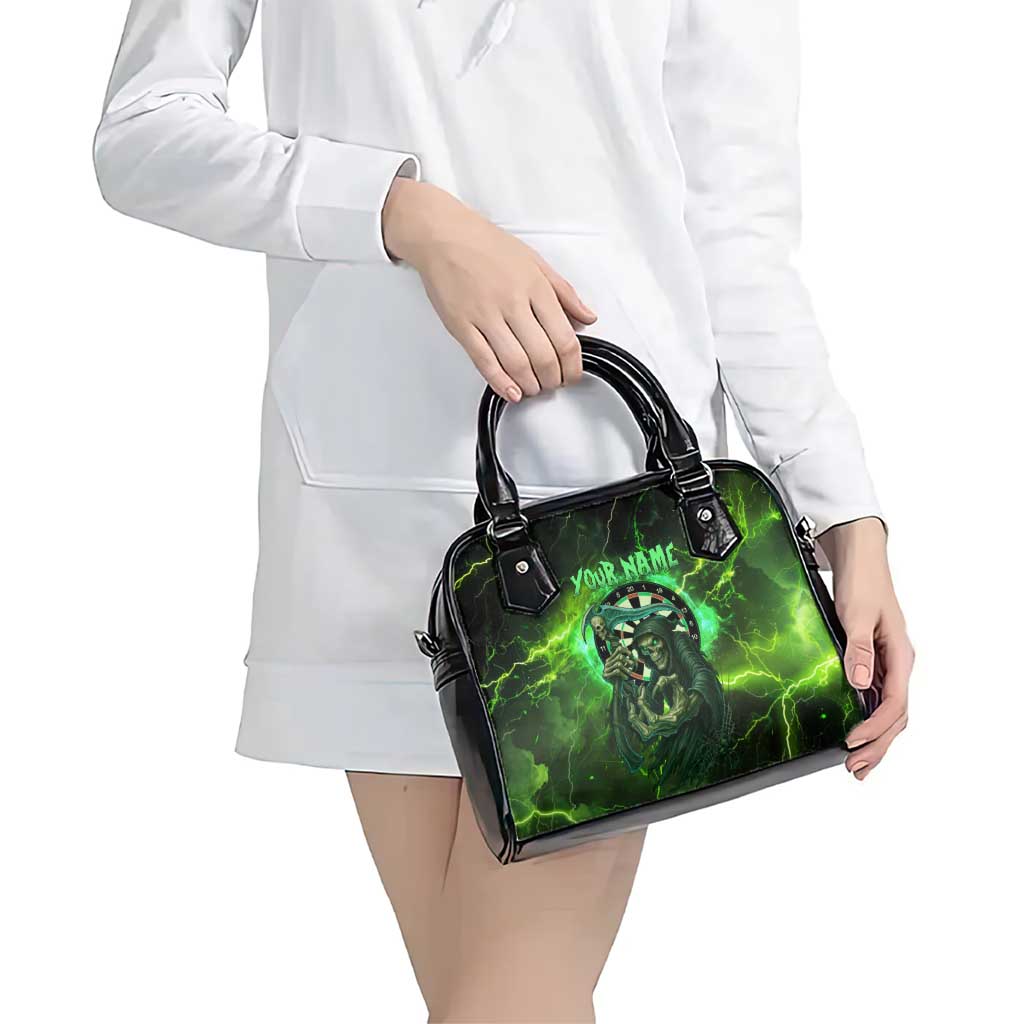 Grim Reaper and Dartboard Darts Shoulder Handbag with Green Lightning Background and Custom Team Name TS04