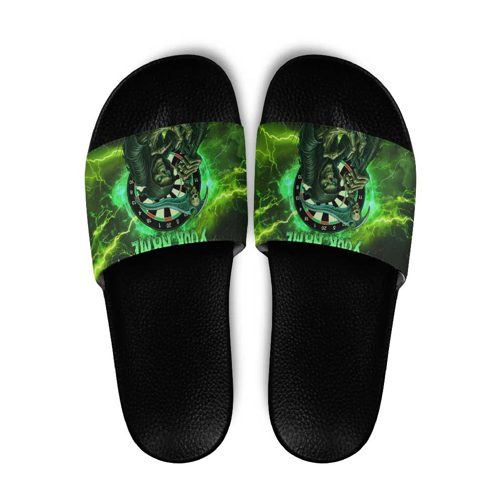 Grim Reaper and Dartboard Darts Slide Sandals with Green Lightning Background and Custom Team Name TS04