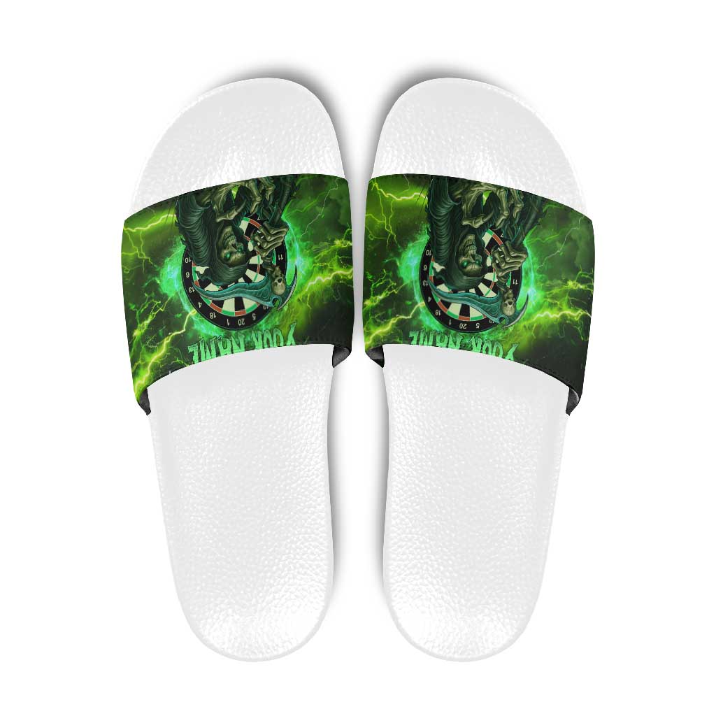 Grim Reaper and Dartboard Darts Slide Sandals with Green Lightning Background and Custom Team Name TS04