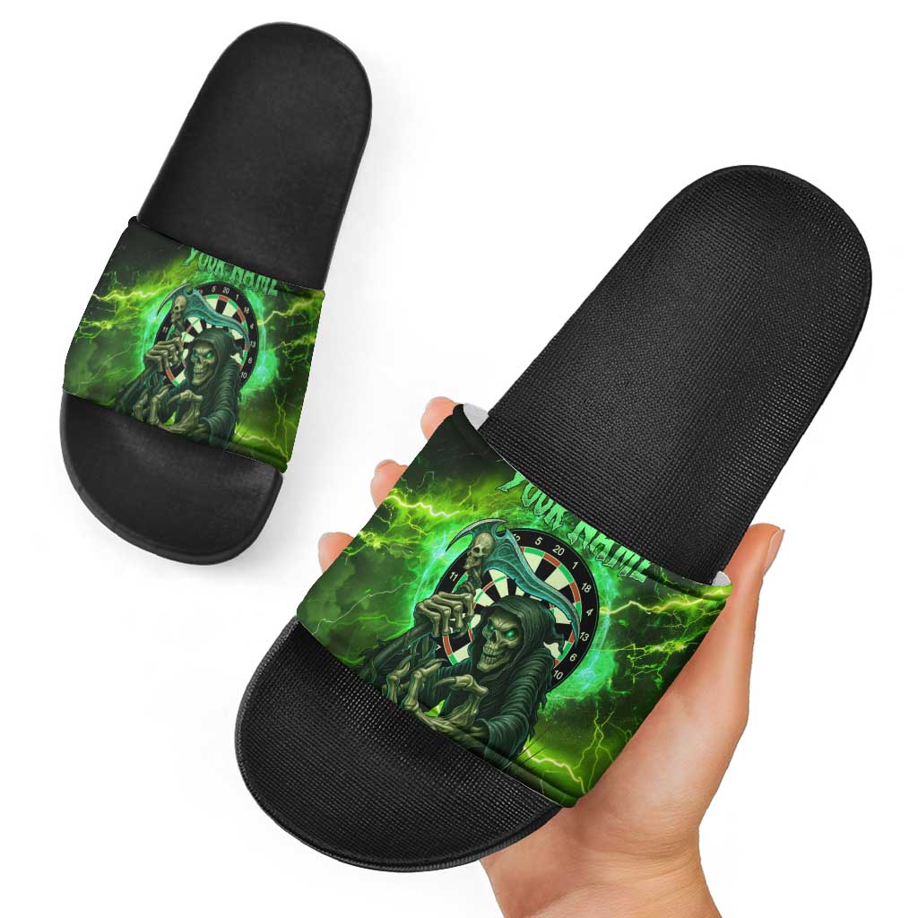 Grim Reaper and Dartboard Darts Slide Sandals with Green Lightning Background and Custom Team Name TS04
