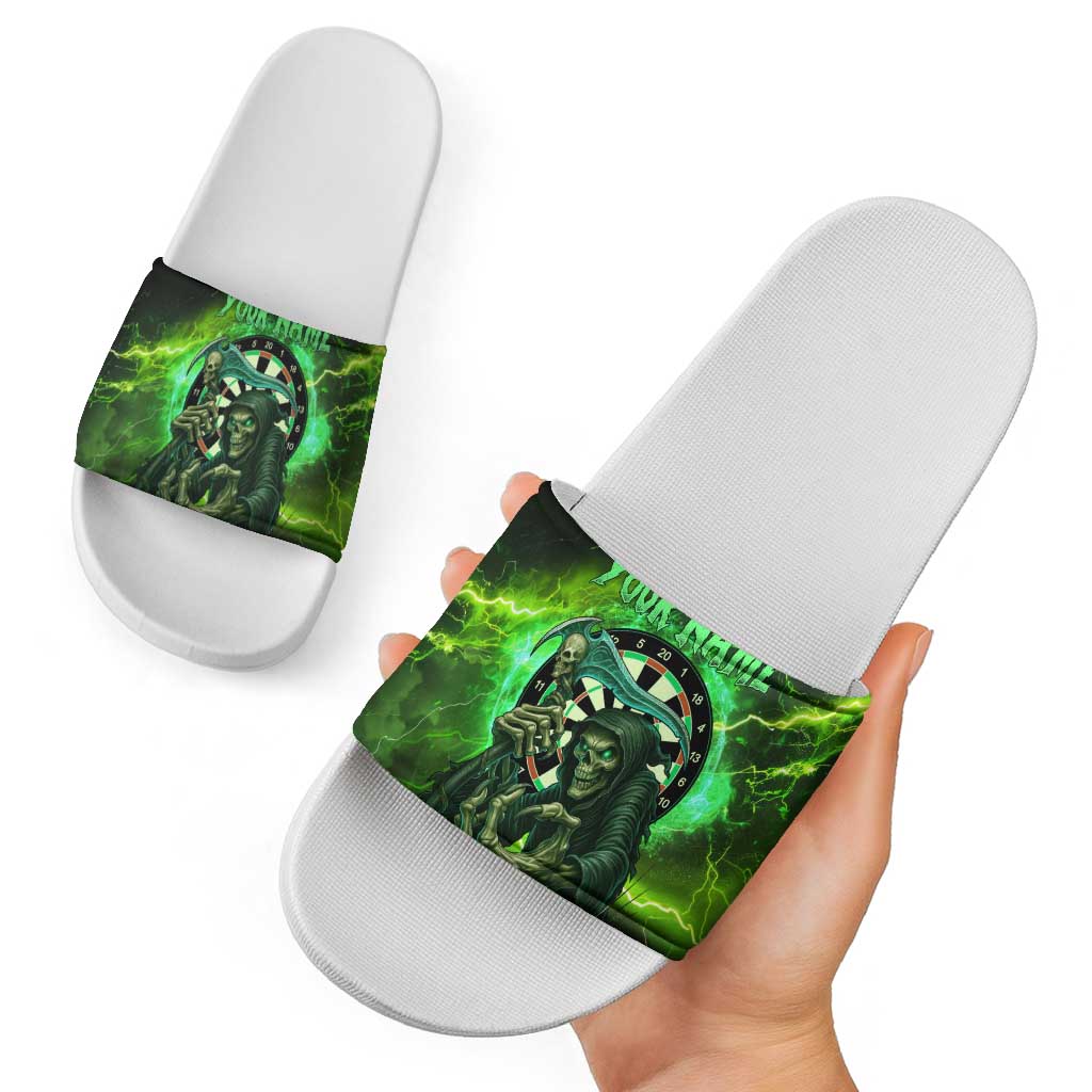 Grim Reaper and Dartboard Darts Slide Sandals with Green Lightning Background and Custom Team Name TS04