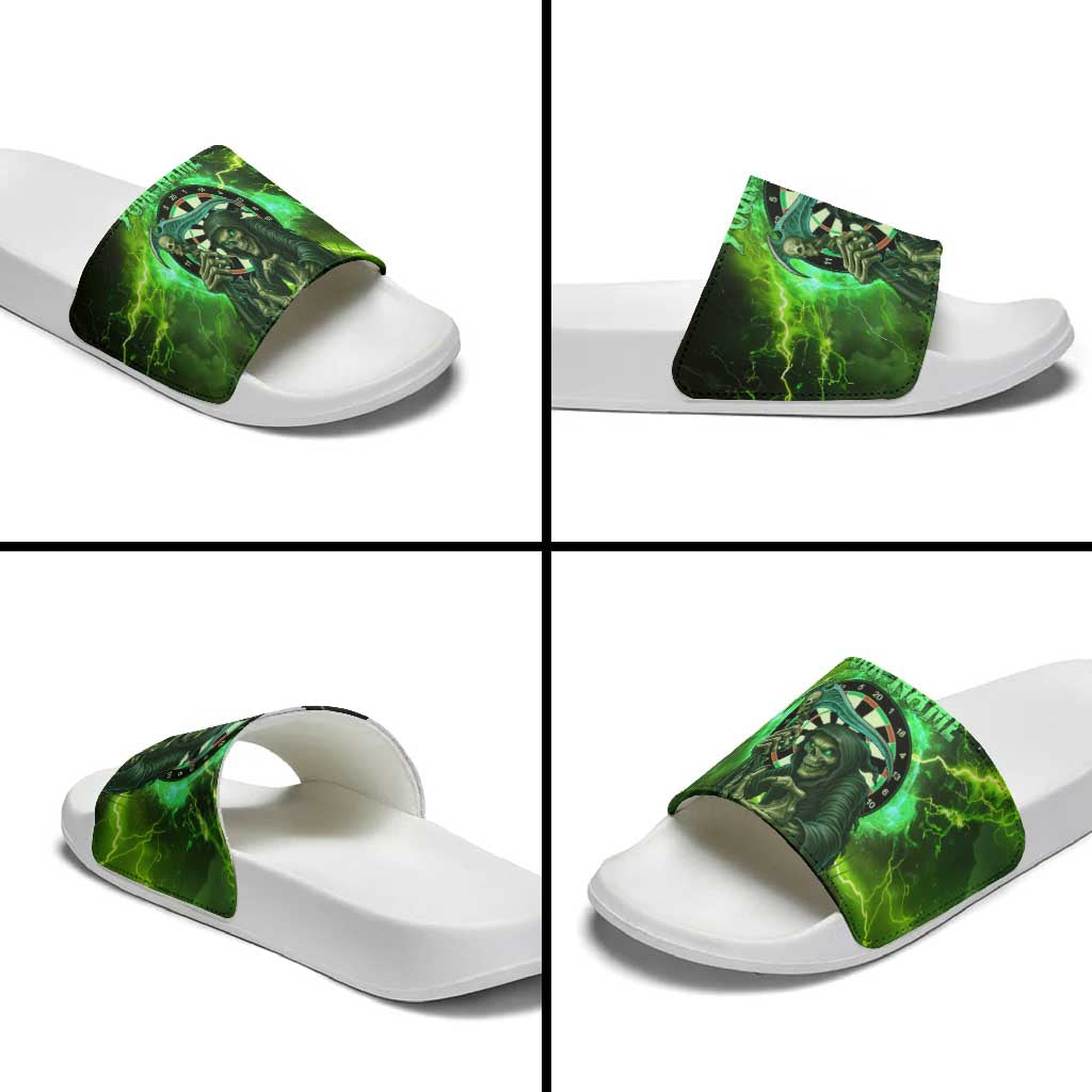 Grim Reaper and Dartboard Darts Slide Sandals with Green Lightning Background and Custom Team Name TS04