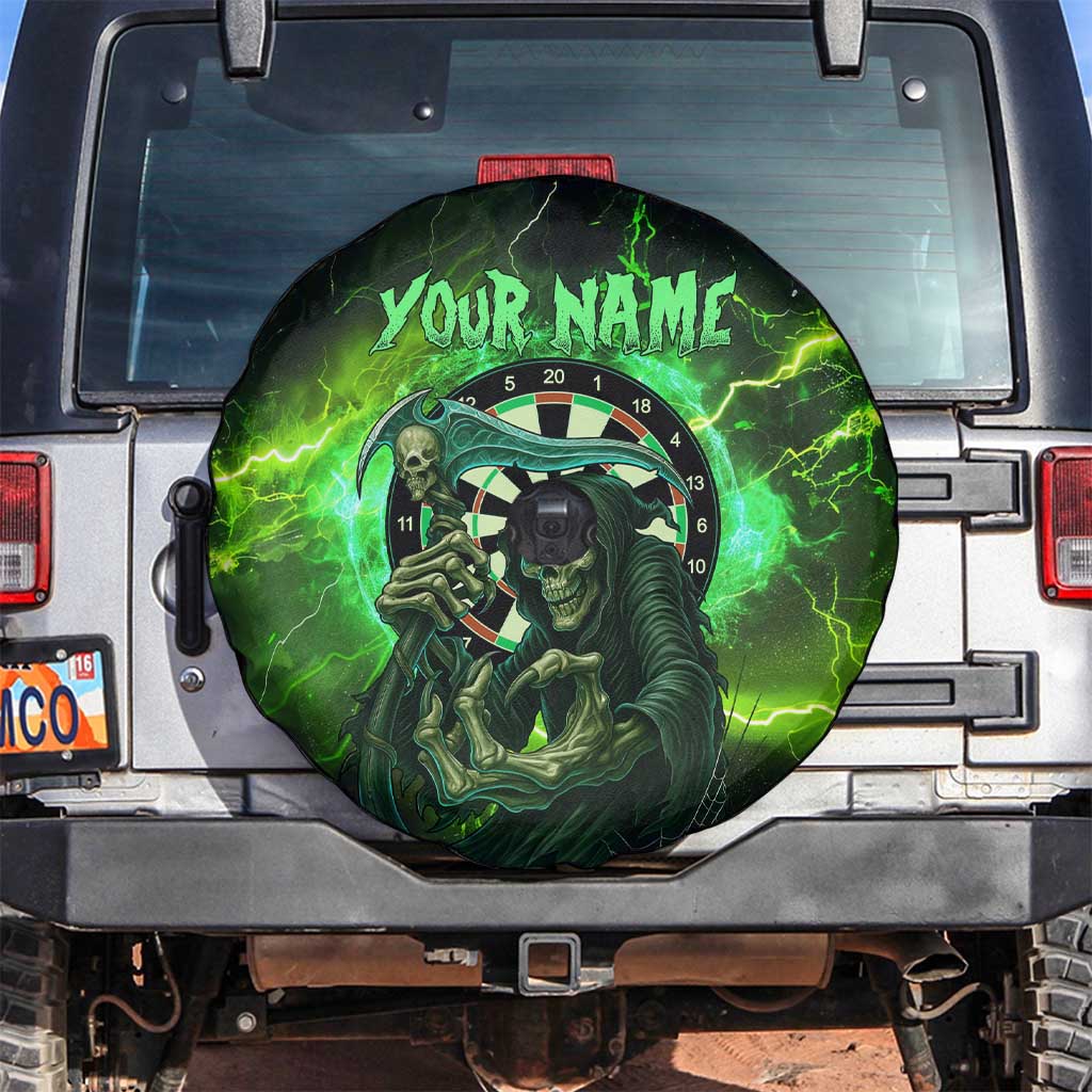 Grim Reaper and Dartboard Darts Spare Tire Cover with Green Lightning Background and Custom Team Name TS04