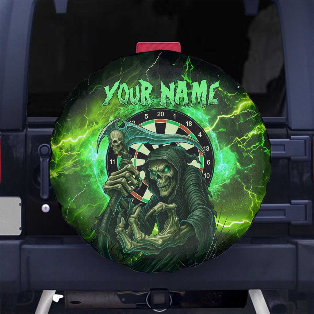 Grim Reaper and Dartboard Darts Spare Tire Cover with Green Lightning Background and Custom Team Name TS04