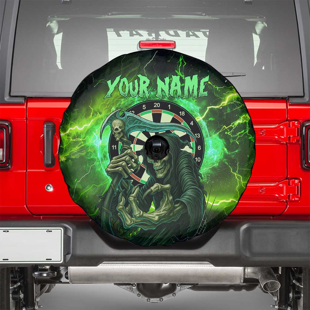 Grim Reaper and Dartboard Darts Spare Tire Cover with Green Lightning Background and Custom Team Name TS04