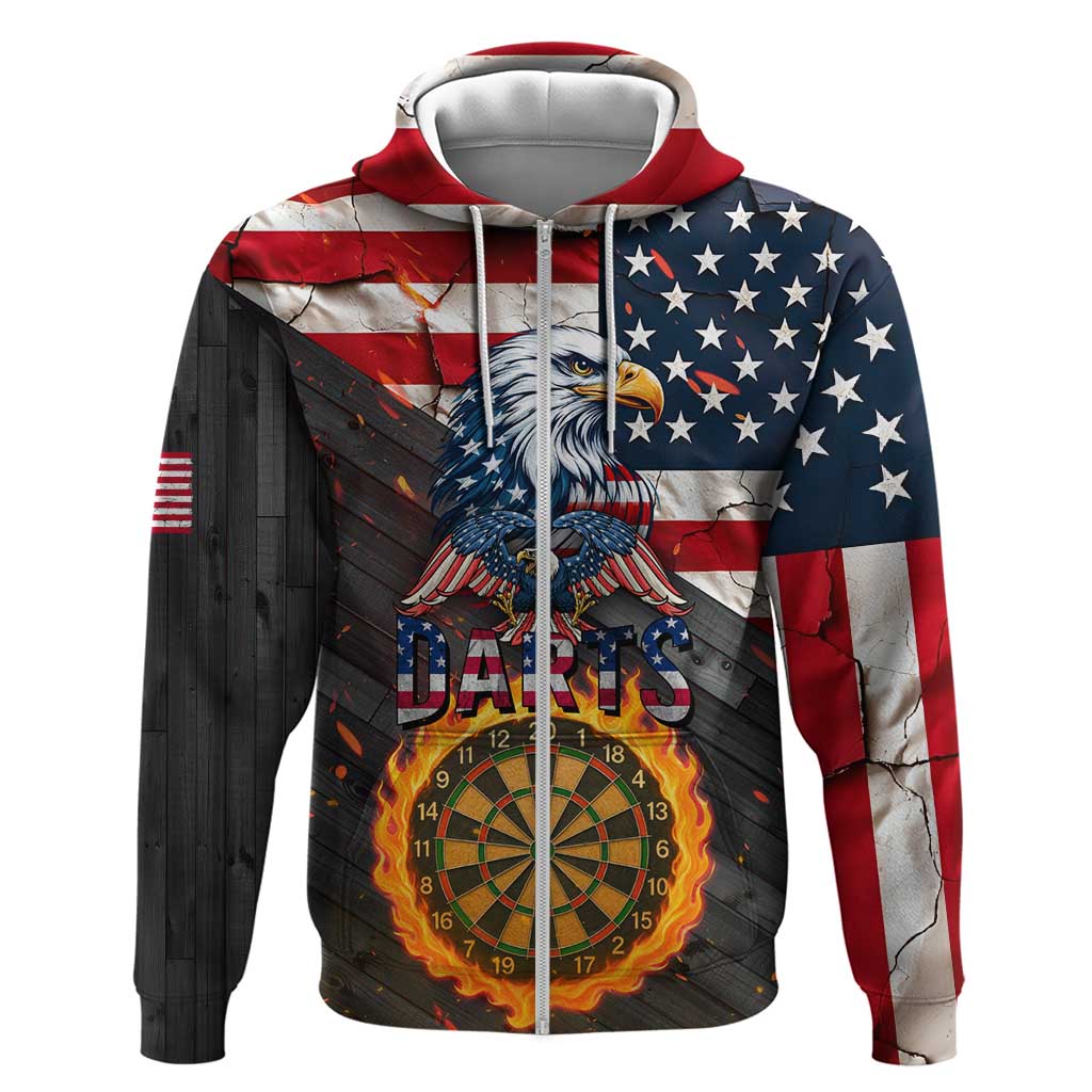 Custom American Flag and Bald Eagle Darts Hoodie with Flaming Dartboard TS04