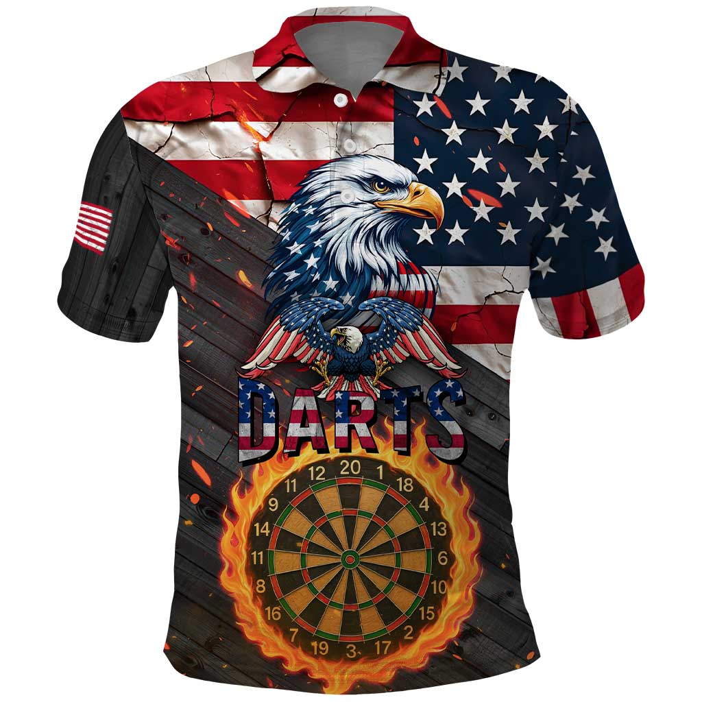 Custom American Flag and Bald Eagle Darts Polo Shirt with Flaming Dartboard TS04