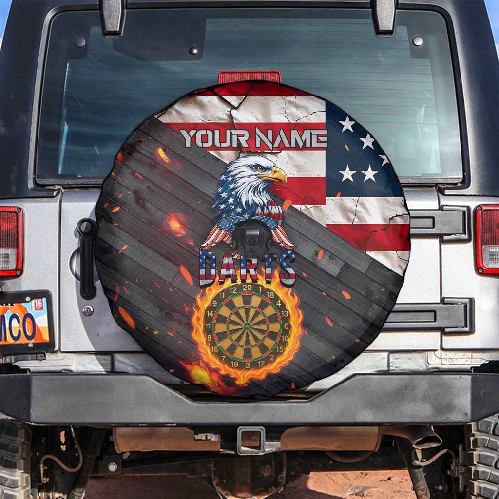 Custom American Flag and Bald Eagle Darts Spare Tire Cover with Flaming Dartboard TS04