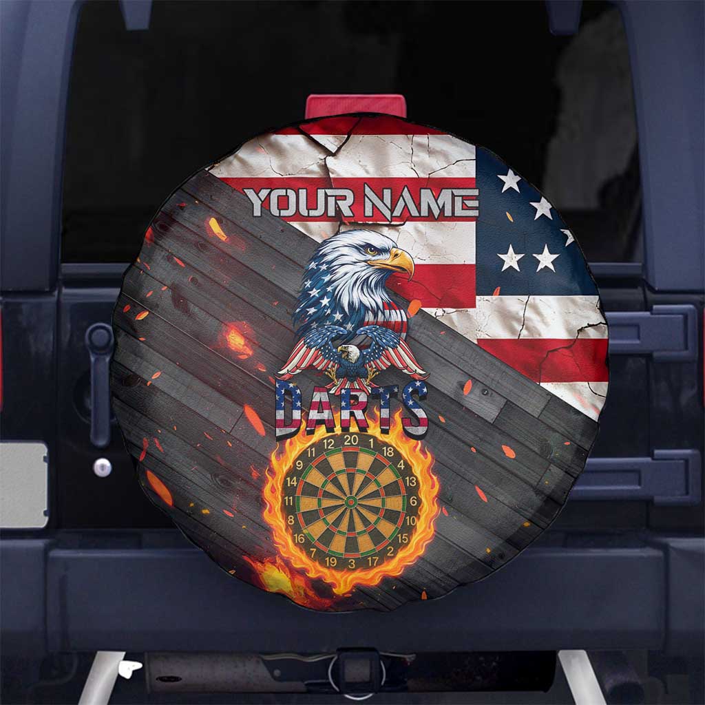 Custom American Flag and Bald Eagle Darts Spare Tire Cover with Flaming Dartboard TS04