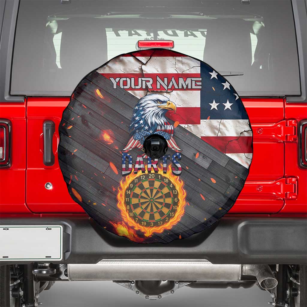 Custom American Flag and Bald Eagle Darts Spare Tire Cover with Flaming Dartboard TS04