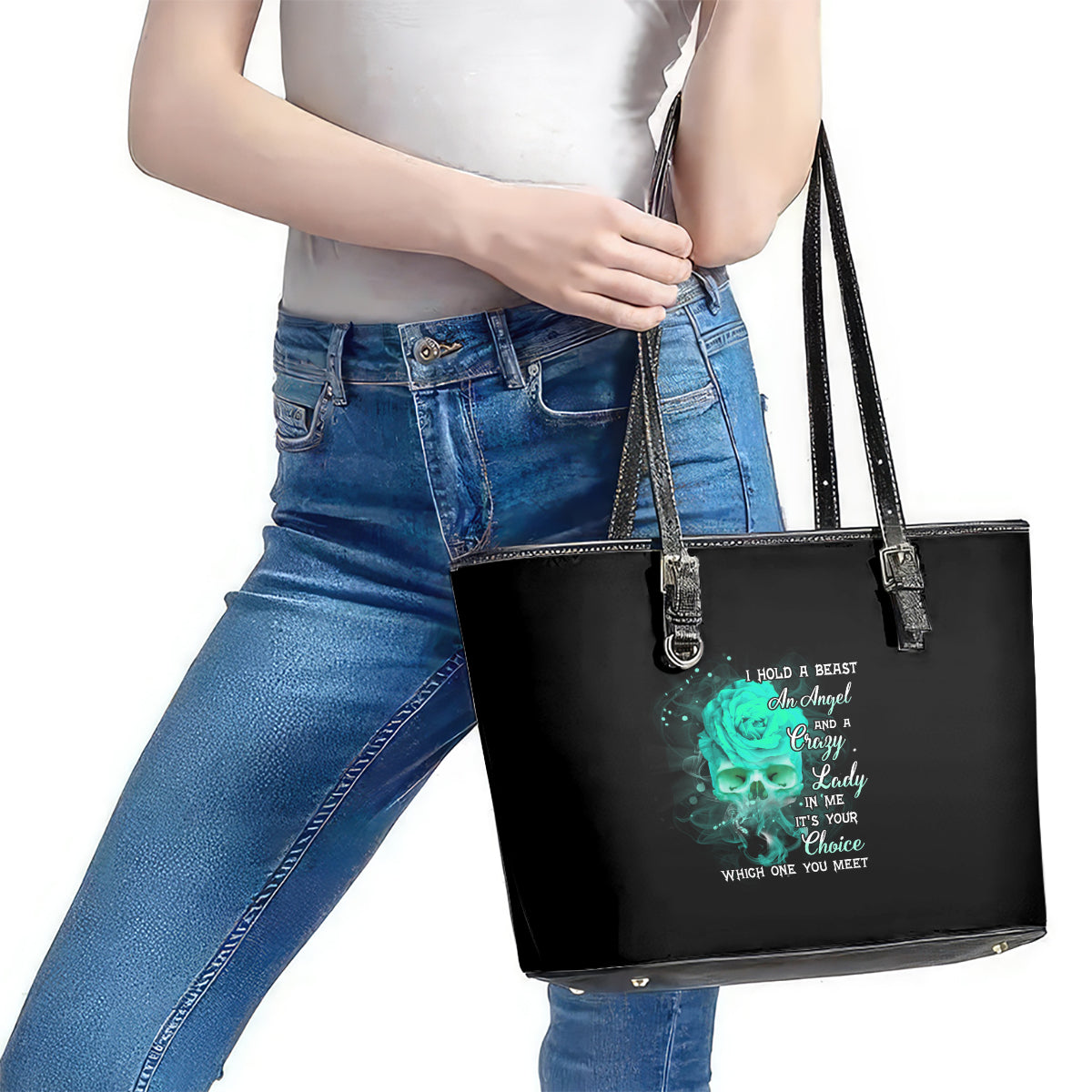 I Hold A Beast An Angel Crazy Lady In Me Leather Tote Bag TS04