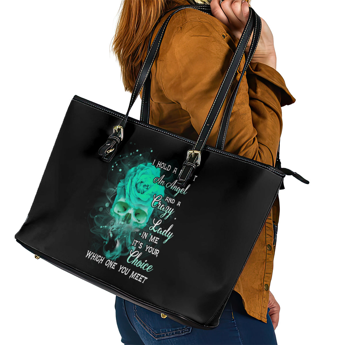 I Hold A Beast An Angel Crazy Lady In Me Leather Tote Bag TS04