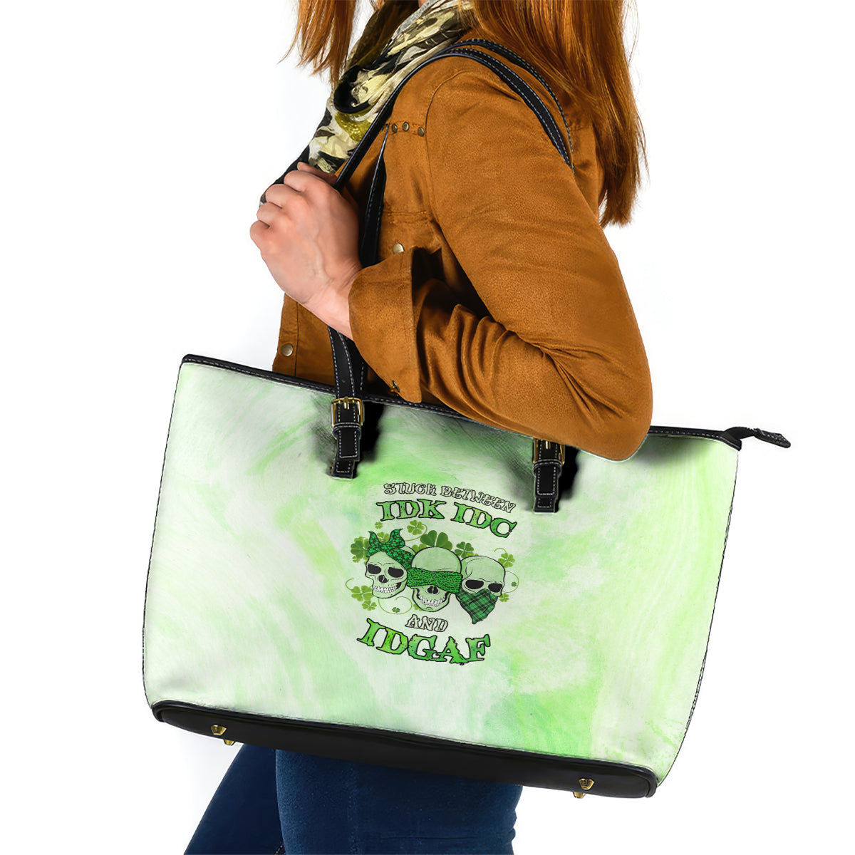 Stuck Between Idk Idc And Idgaf Rose Skull Patrick's Day Leather Tote Bag TS04