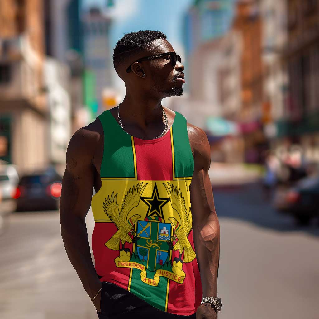 African Ghana Men Tank Top Flag with Coat of Arms Simple Design TS04