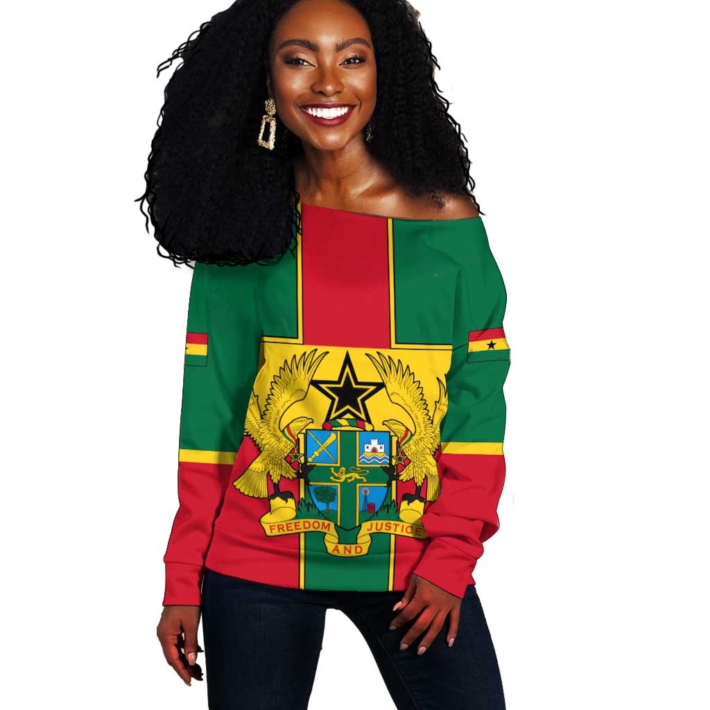African Ghana Off Shoulder Sweater Flag with Coat of Arms Simple Design TS04