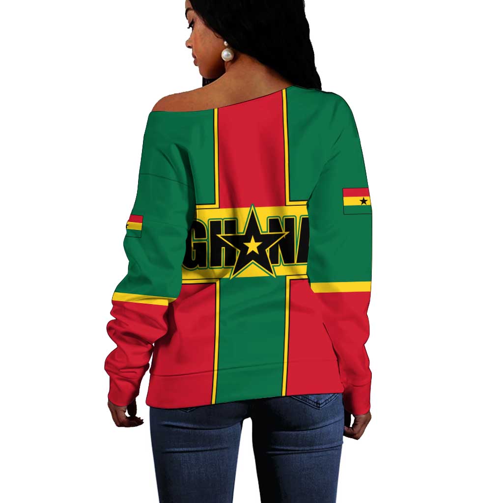African Ghana Off Shoulder Sweater Flag with Coat of Arms Simple Design TS04