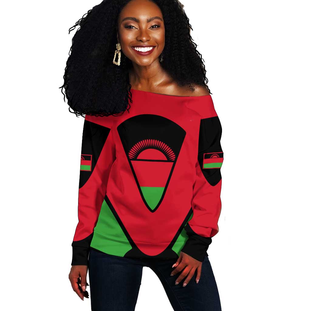 Malawi Off Shoulder Sweater Flag Colors Blended with National Emblem TS04