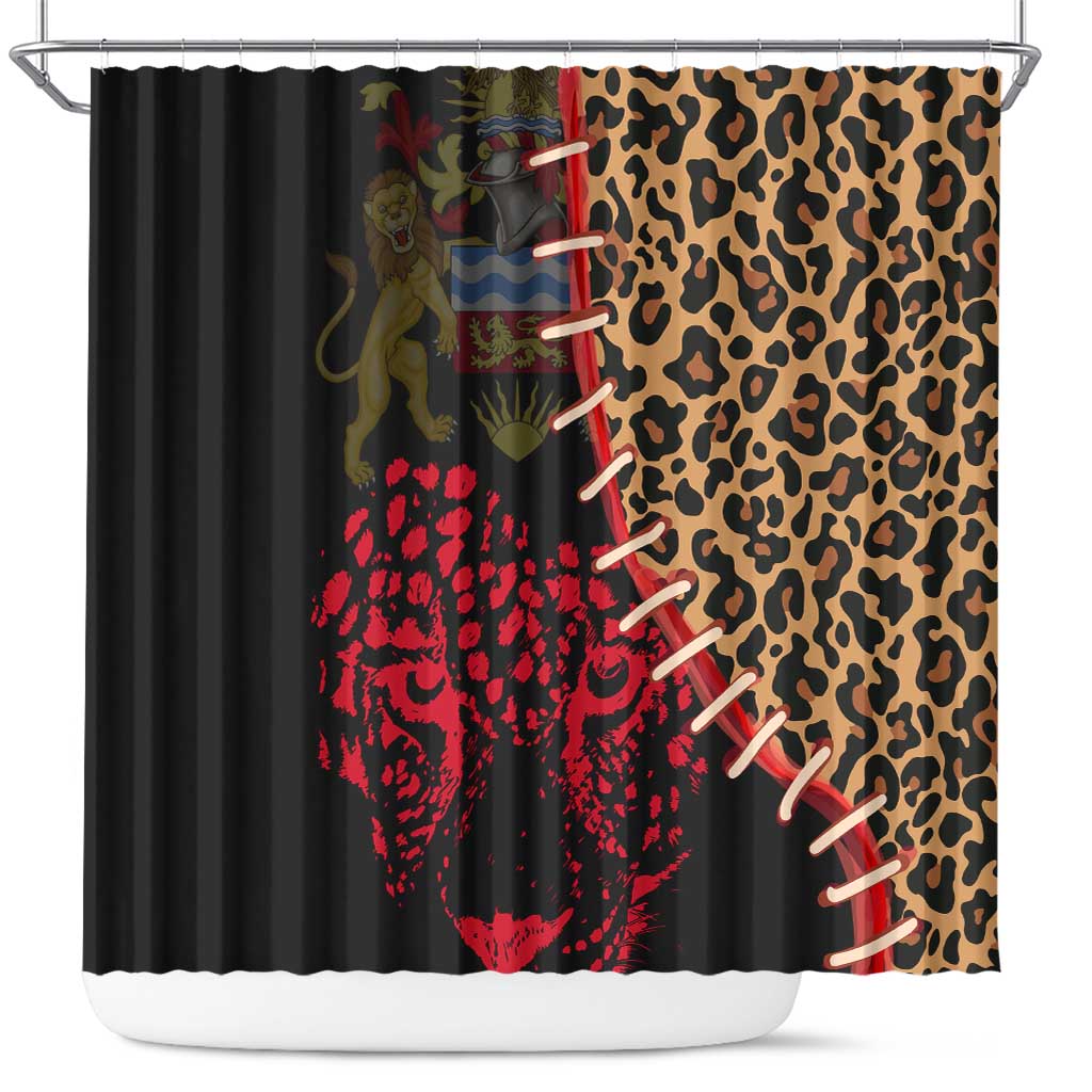 Malawi Shower Curtain Coat of Arms & Leopard Print - Unique Motif Fusion TS04