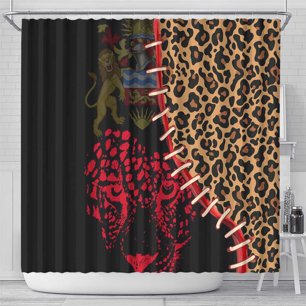 Malawi Shower Curtain Coat of Arms & Leopard Print - Unique Motif Fusion TS04