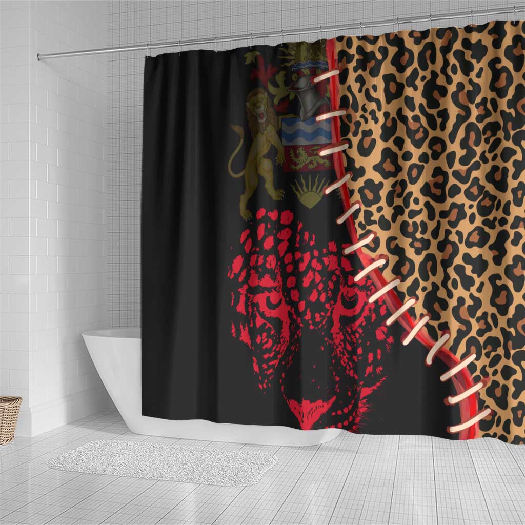 Malawi Shower Curtain Coat of Arms & Leopard Print - Unique Motif Fusion TS04