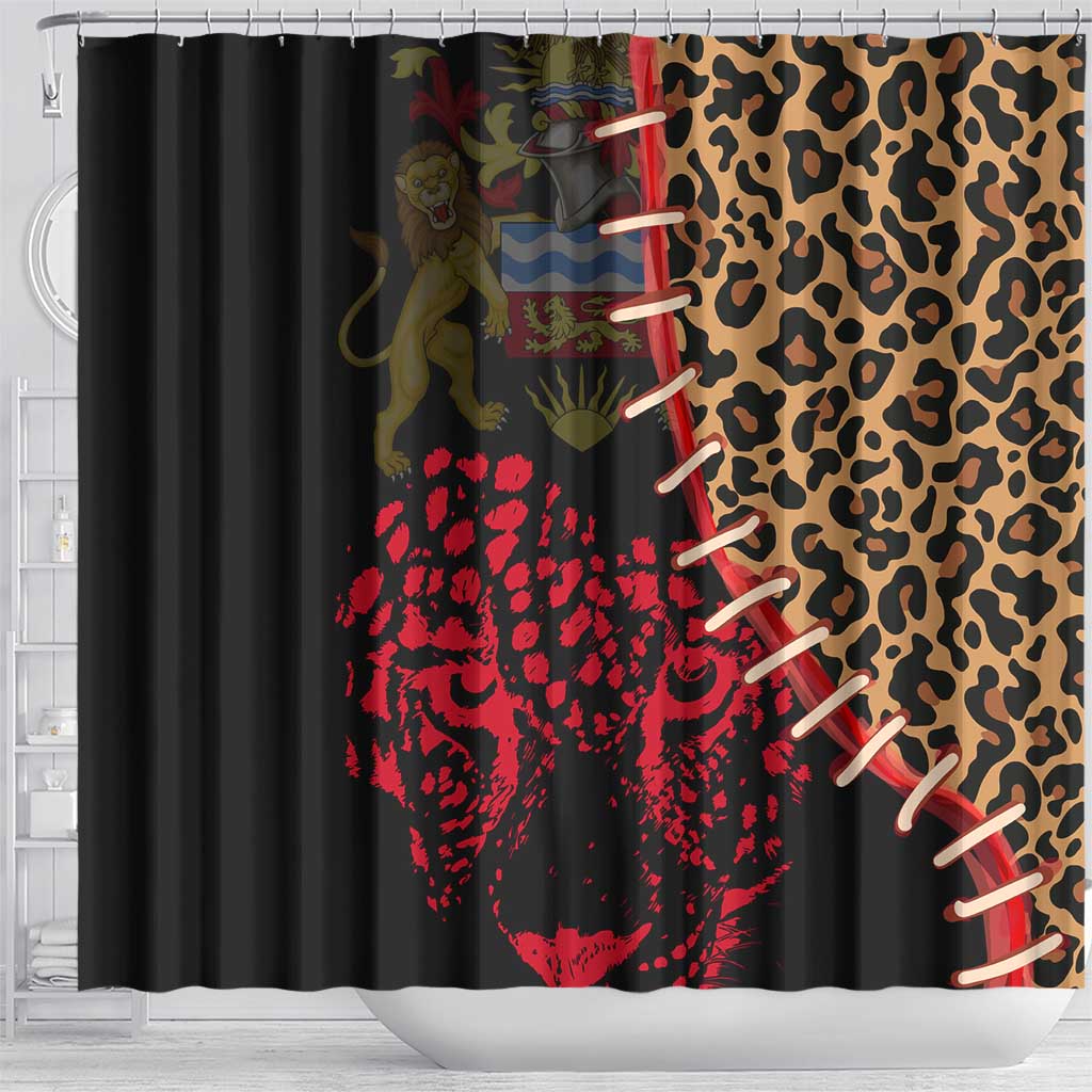 Malawi Shower Curtain Coat of Arms & Leopard Print - Unique Motif Fusion TS04