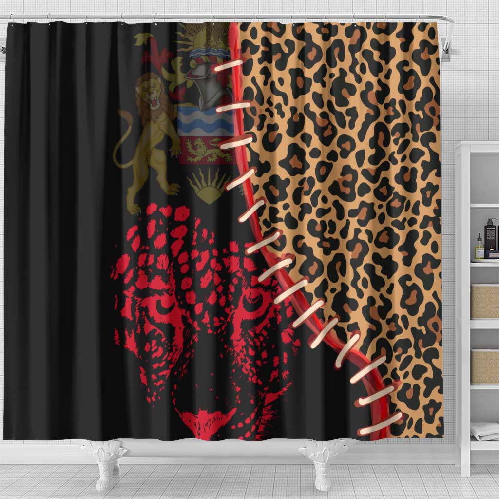 Malawi Shower Curtain Coat of Arms & Leopard Print - Unique Motif Fusion TS04