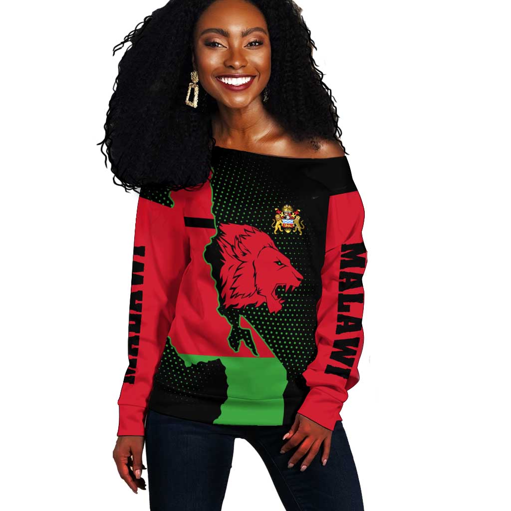 Malawi Lion Map Flag Off Shoulder Sweater Wildlife Fusion Design TS04