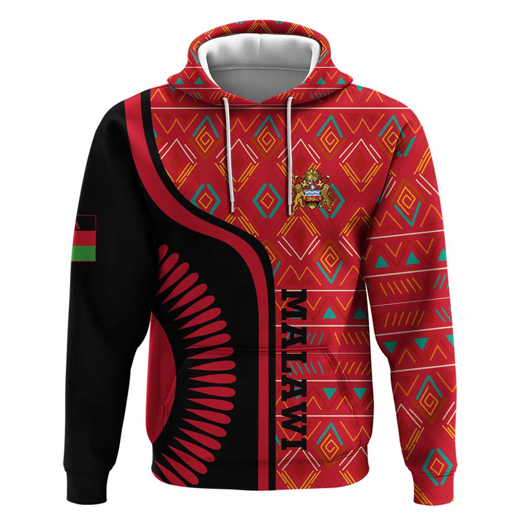 Malawi Patterns Hoodie Blended with Flag Colors & National Emblem - Cultural Fusion Design TS04